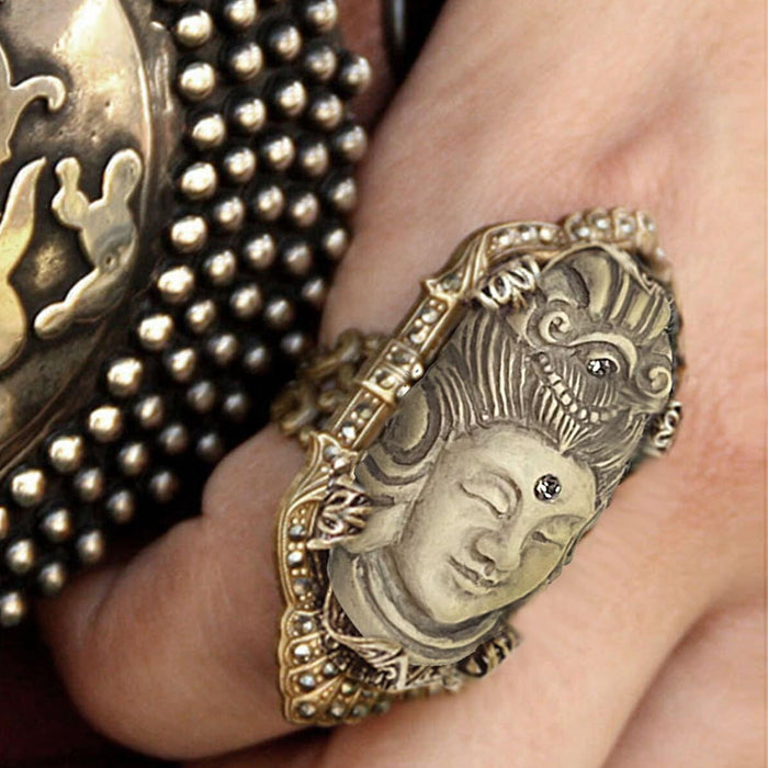 Art Deco Marcasite Buddha GuanYin Marcasite Ring R327-IV