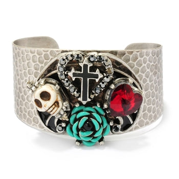 Skull Heart Rose Cross Cuff Bracelet