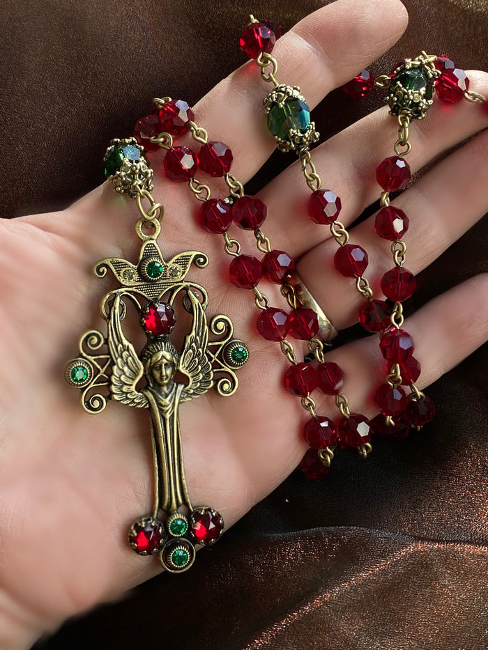 Angel Christmas Rosary Garnet and Emerald Crystal Beads