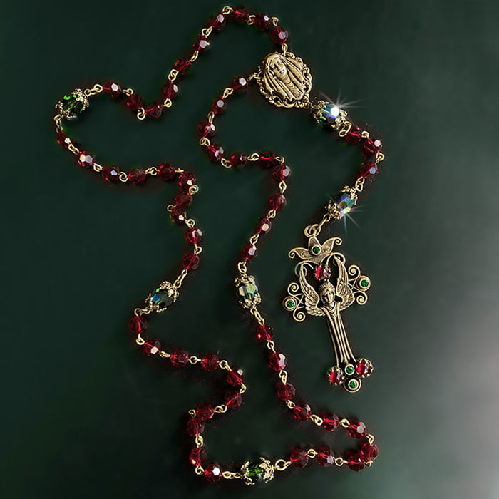 Angel Christmas Rosary Garnet and Emerald Crystal Beads
