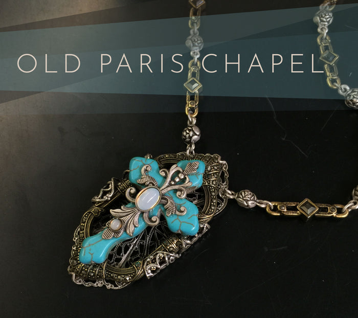 Vintage Turquoise Cross Notre Dame Necklace  N1005