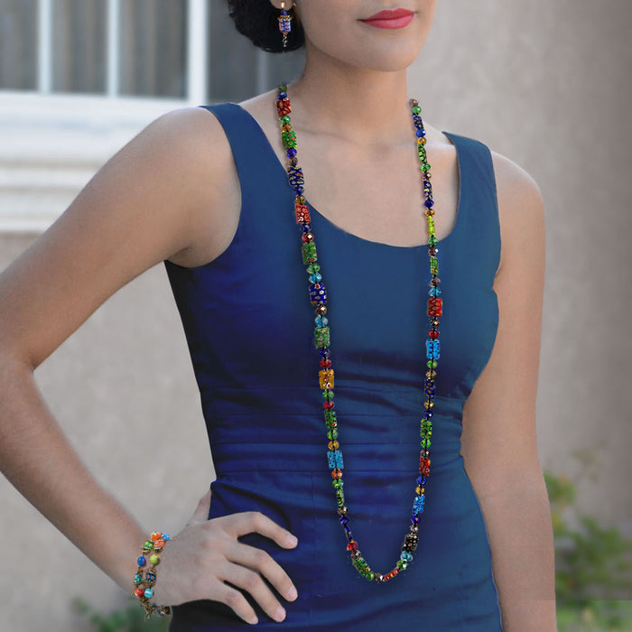 Long Millefiori Rectangle Knotted Beads Necklace