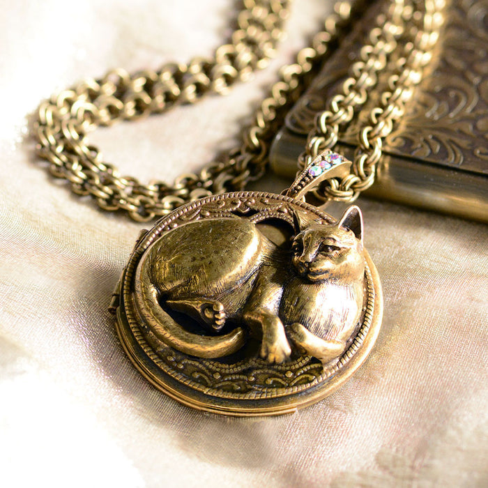 Purrson Cat Locket Necklace in Silver or Bronze