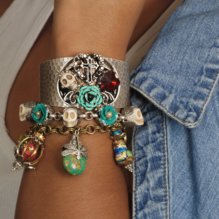 Skull Heart Rose Cross Cuff Bracelet