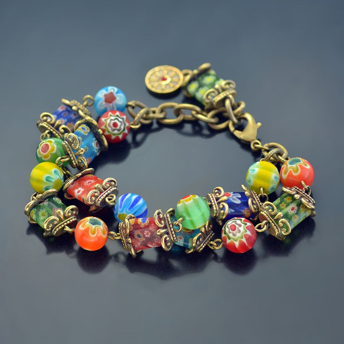 Millefiori Glass Rainbow Two Strand Bracelet