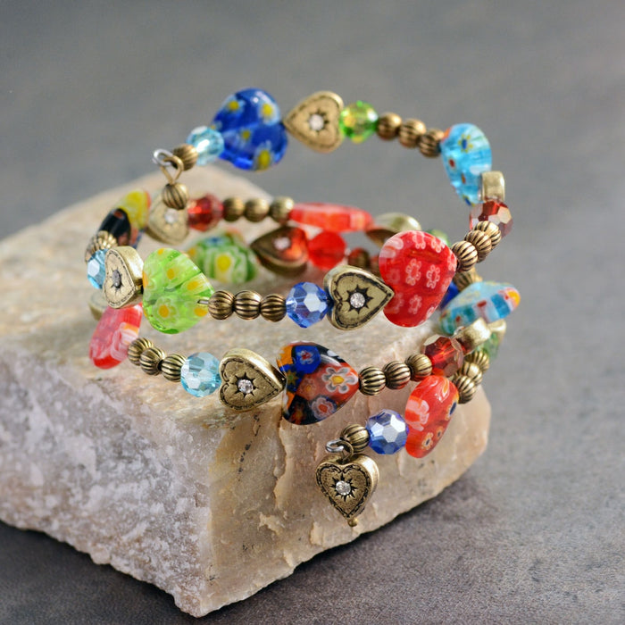 Millefiori Glass Candy Heart Wrap Bracelet BR559