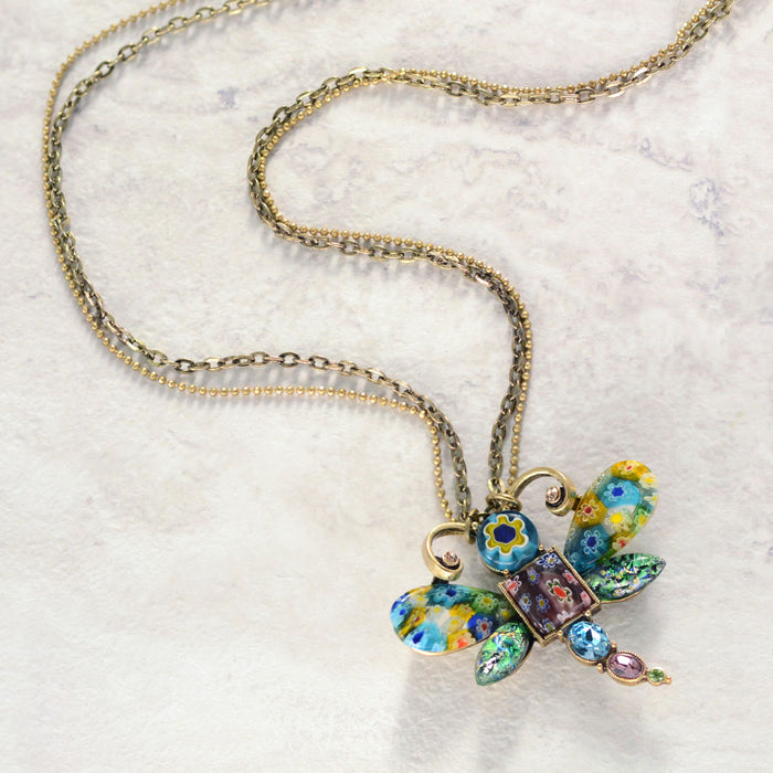 Millefiori Glass Dragonfly Pendant Necklace