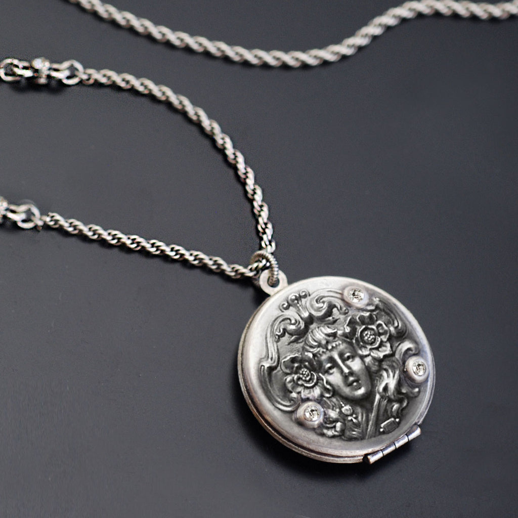 Art Nouveau Silver Locket Necklace N1582 – Sweet Romance Jewelry
