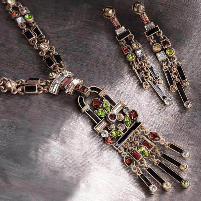 Art Deco Crystal Enamel Fringe Flapper Necklace N782