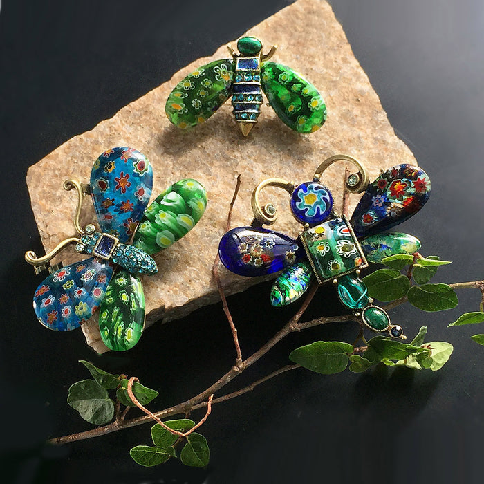 Millefiori Glass Insect Pins Set of 3 Blue Violet