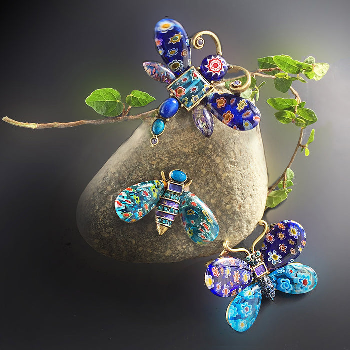Millefiori Glass Insect Pins Set of 3 Blue Violet