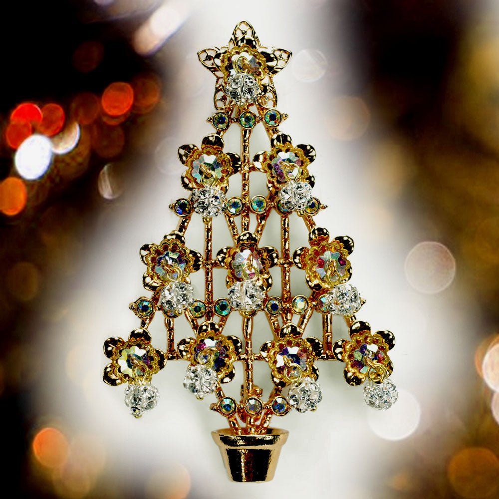 Gold Christmas Tree Pin with Crystal Ornaments | Sweet Romance