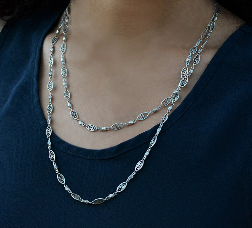 Long silver filigree chain Layering Necklace N1317-SIL