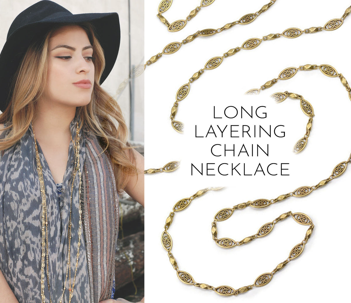 Long gold filigree chain Layering Necklace N1317-GO
