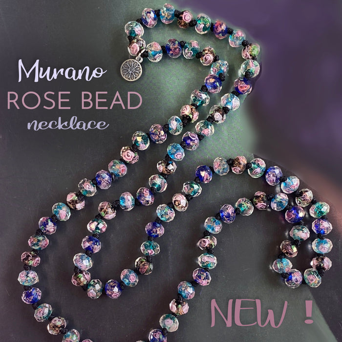 Pink Murano Glass Flower Bead Long Necklace N1460