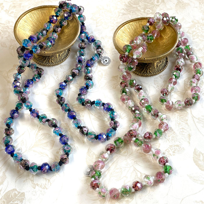 Pink Murano Glass Flower Bead Long Necklace N1460