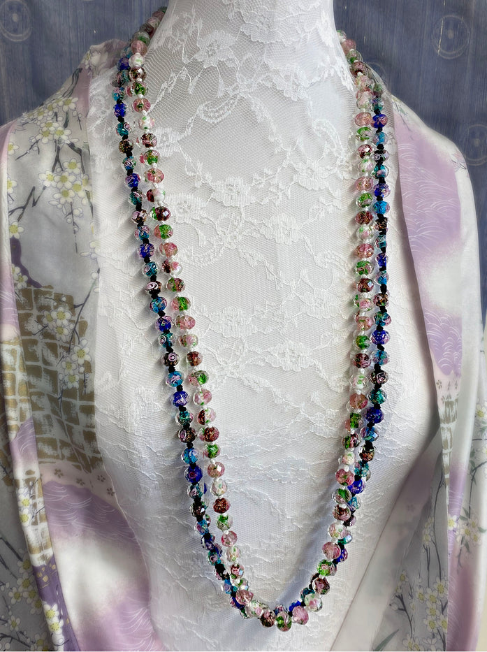 Pink Murano Glass Flower Bead Long Necklace N1460
