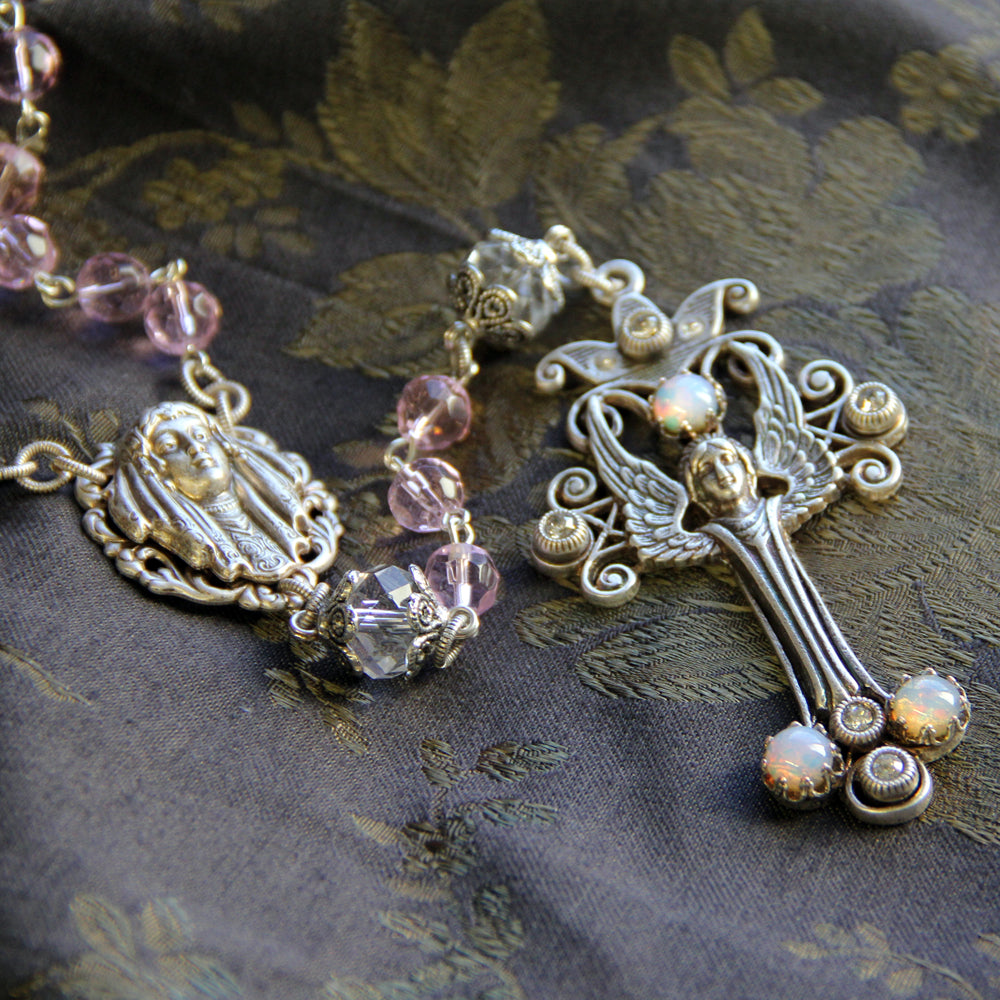 Angel Rosary Rose Pink and Crystal Beads N1169-PK