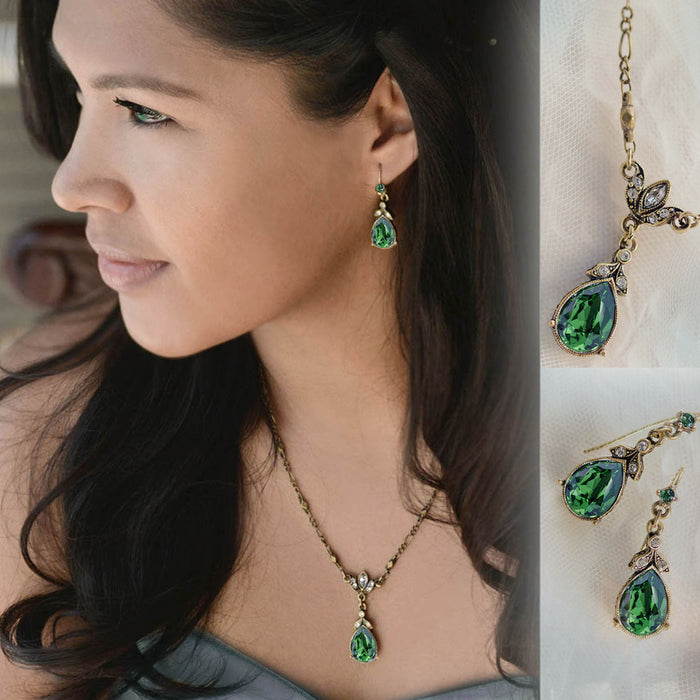 Emerald Teardrop Necklace and Earring Set NE1170 EM Sweet Romance Jewelry