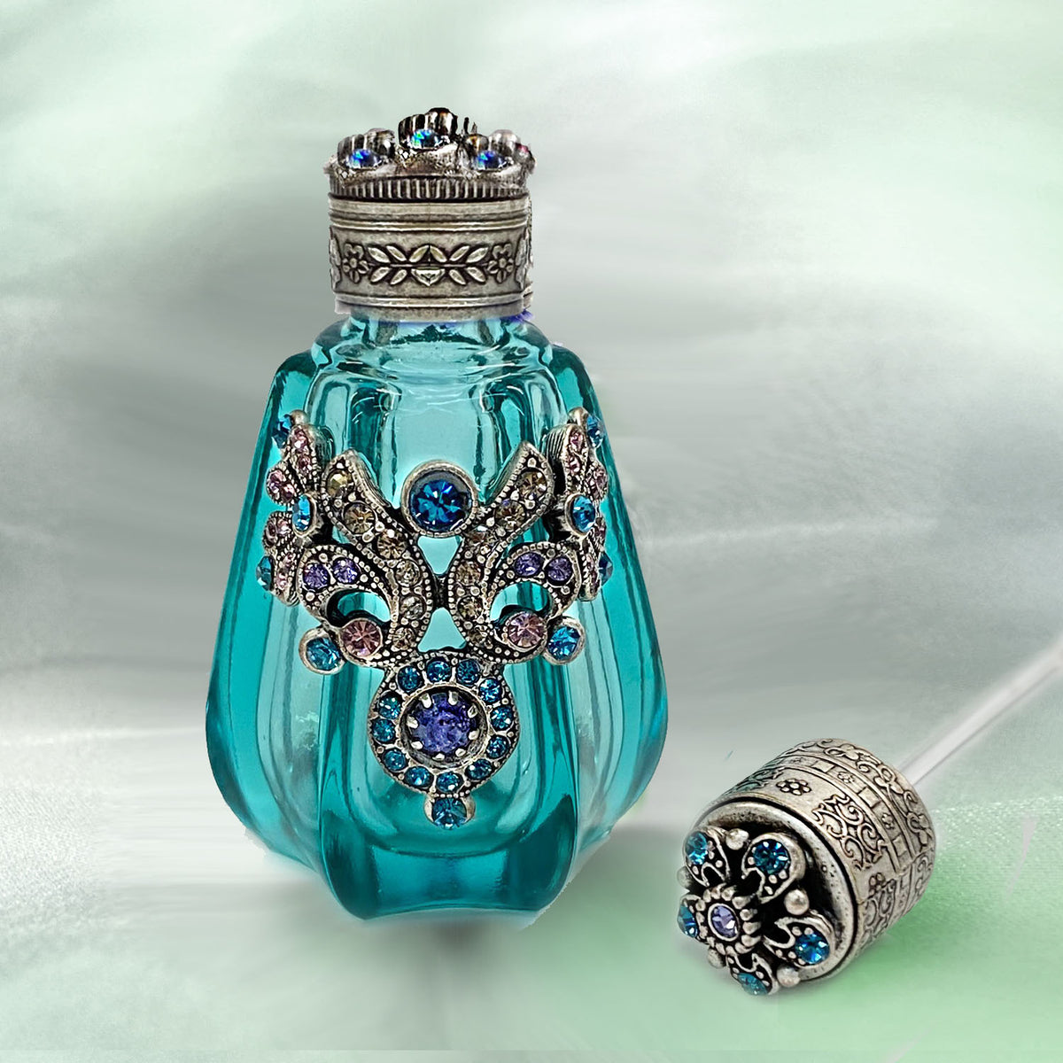 Teal Blue Czech Vintage Mini Perfume Bottle