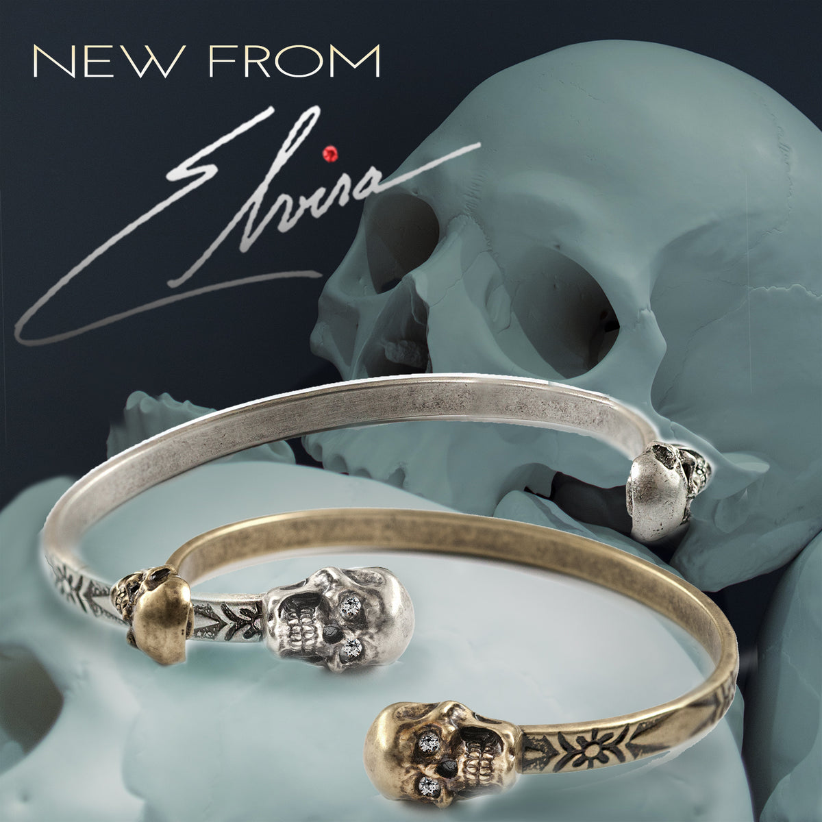 Elvira's Skull Tipped Skinny Cuff Gothic Bracelet