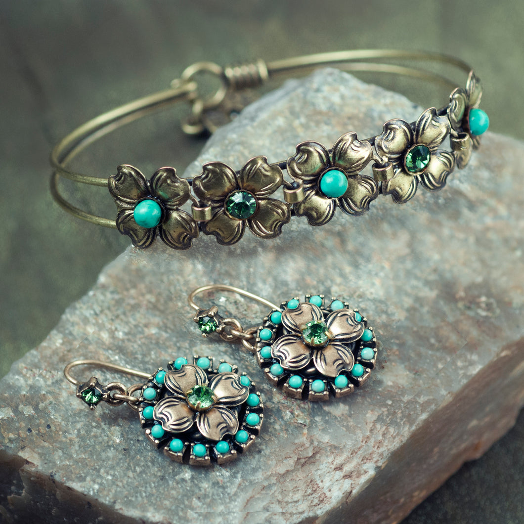 Dogwood Blossom Turquoise Bangle Bracelet & Earring Set - sweetromanceonlinejewelry