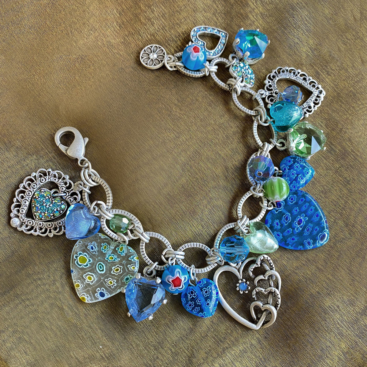 Blue and Silver Millefiori Heart Charm Bracelet