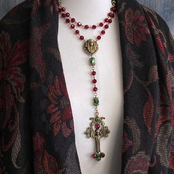 Angel Christmas Rosary Garnet and Emerald Crystal Beads