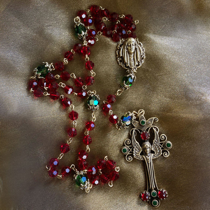 Angel Christmas Rosary Garnet and Emerald Crystal Beads