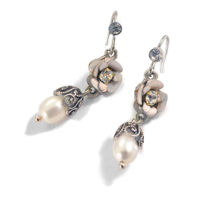 Dainty Rose & Pearl Dangle Earrings