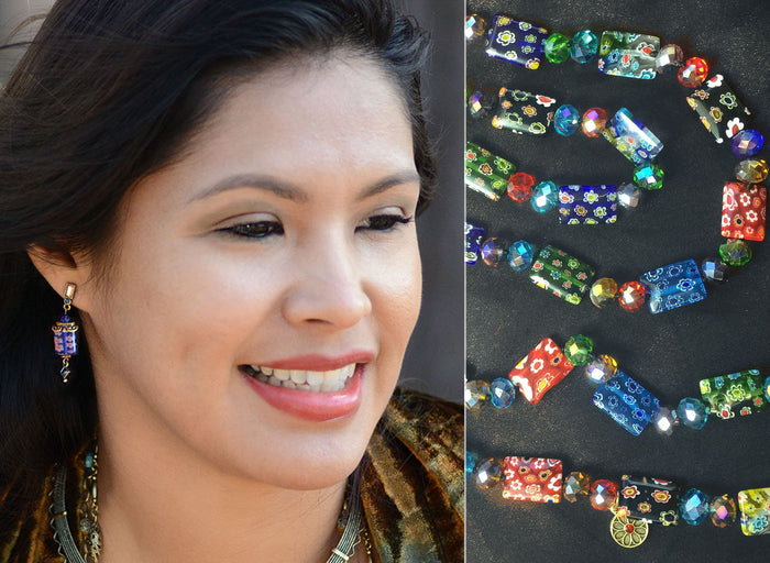 Long Millefiori Rectangle Knotted Beads Necklace