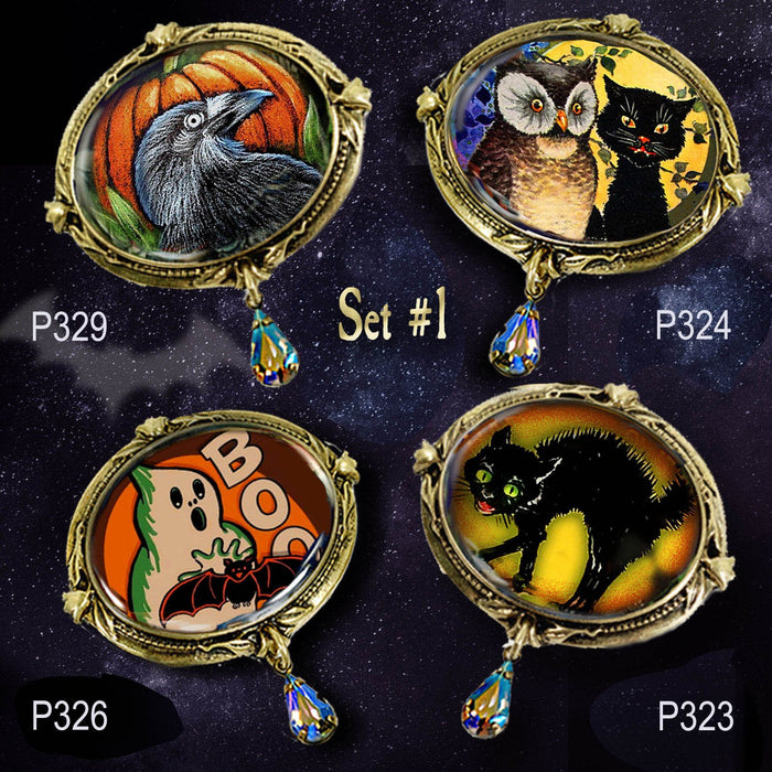 Owl and Black Cat Halloween Pin