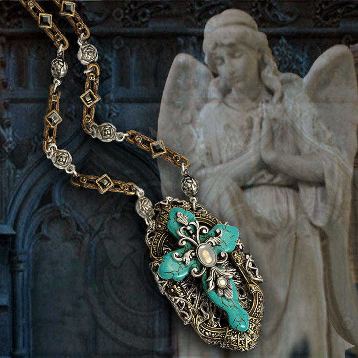 Vintage Turquoise Cross Notre Dame Necklace  N1005