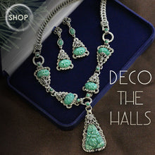 Load image into Gallery viewer, Art Deco Vintage Green Jade Glass Necklace and Earrings  N1095