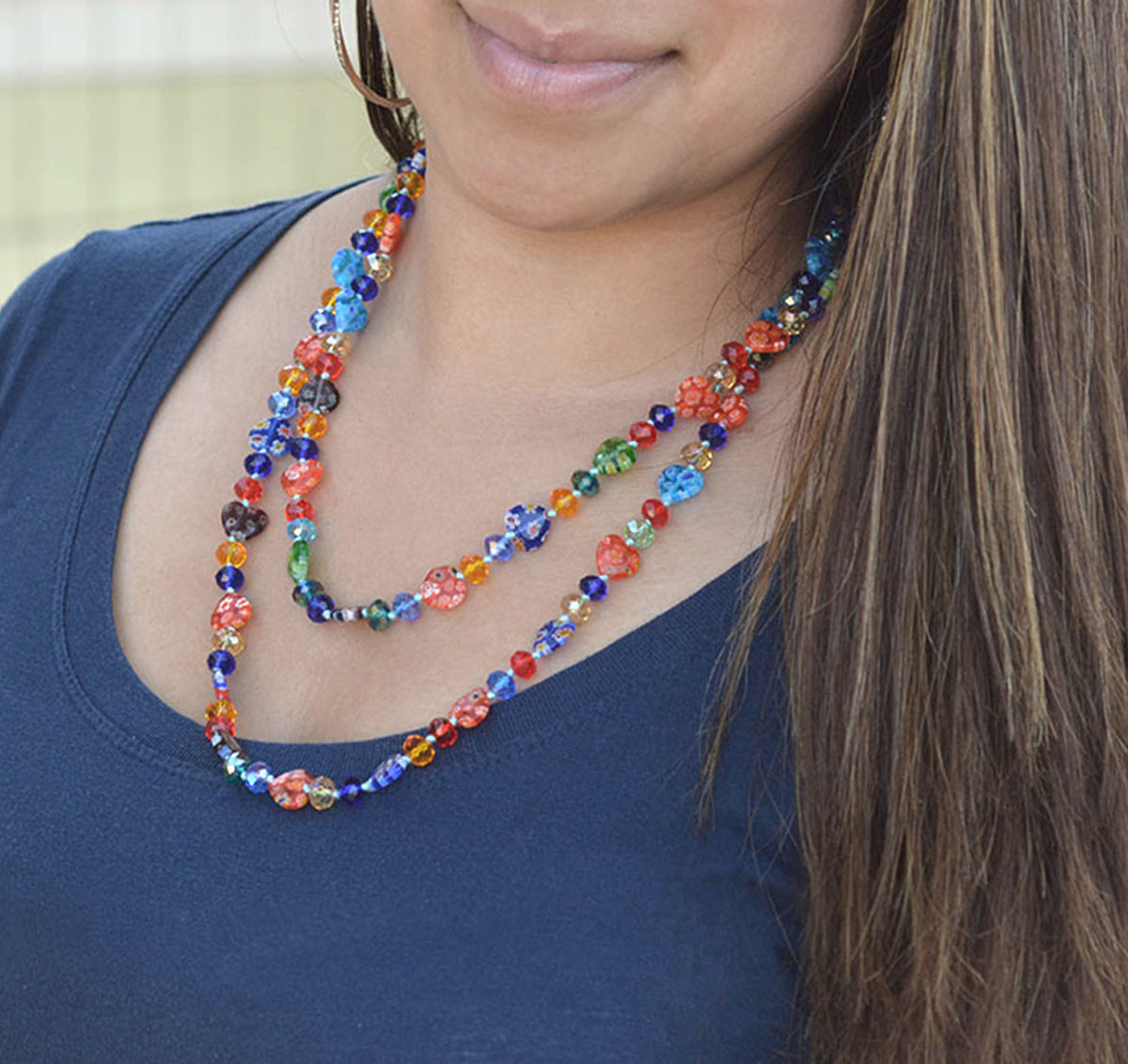 Millefiori Glass Hearts Knotted Beads Necklace