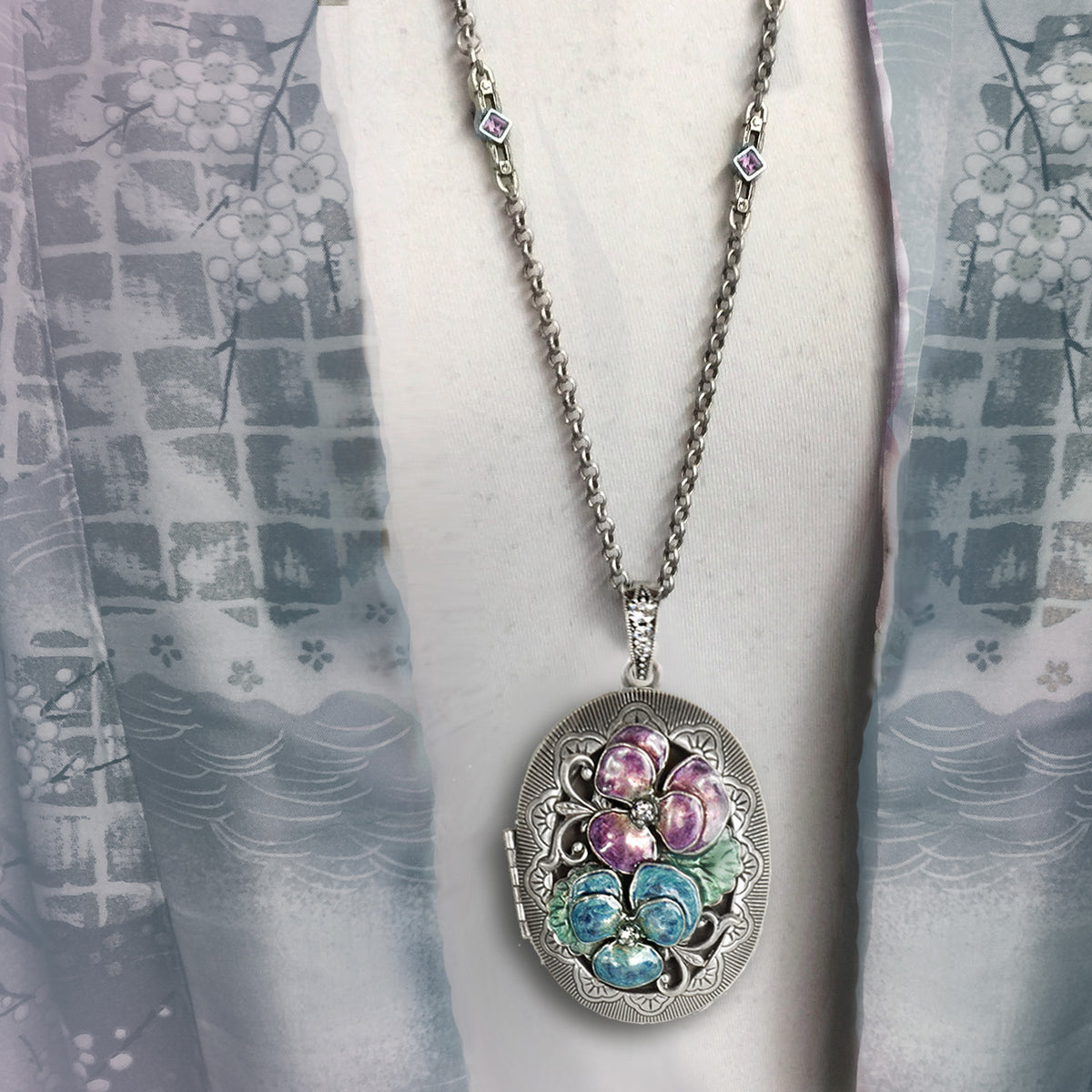 Enamel Pansy Silver Locket