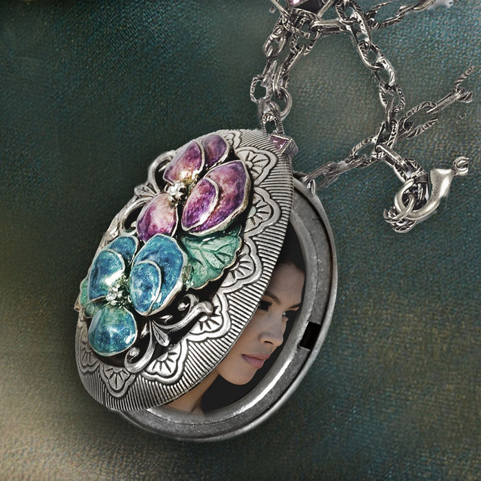 Enamel Pansy Silver Locket