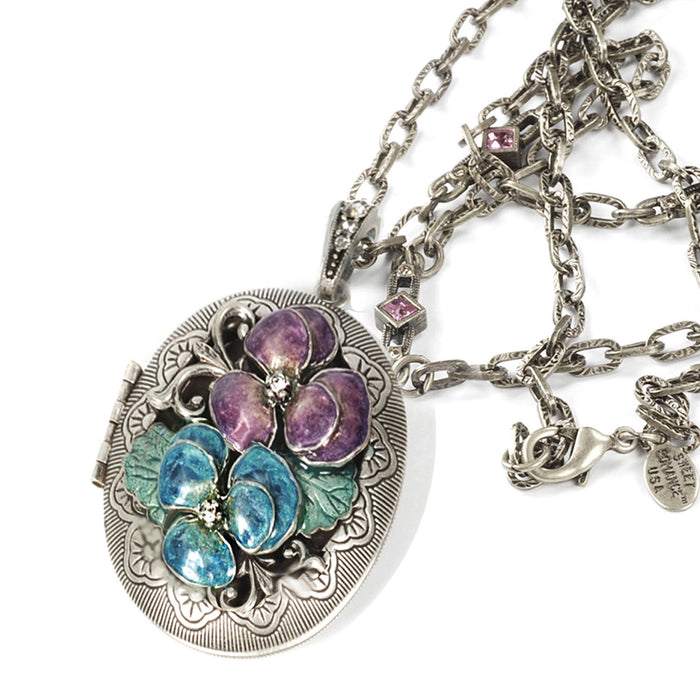 Enamel Pansy Silver Locket