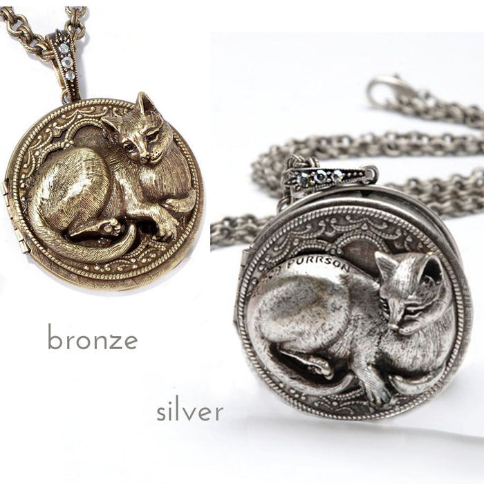 Purrson Cat Locket Necklace in Silver or Bronze