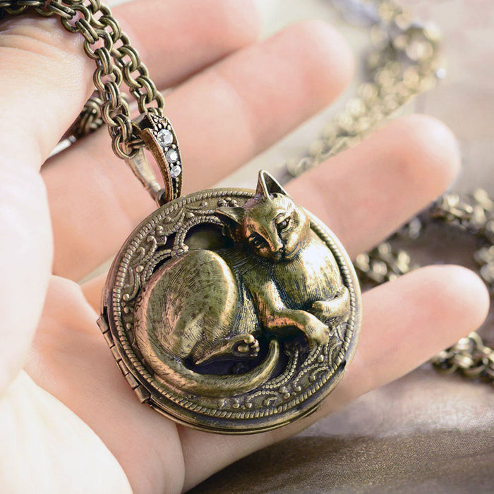 Purrson Cat Locket Necklace in Silver or Bronze