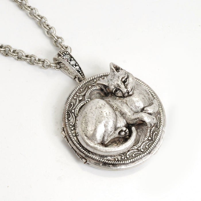 Purrson Cat Locket Necklace in Silver or Bronze