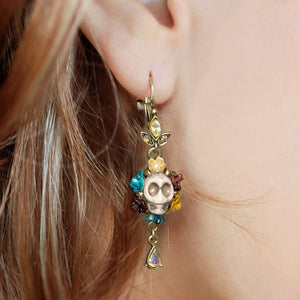 Bone Skull and Crystal Teardrop Earrings E241-BN