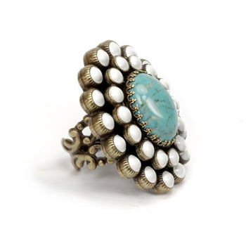Turquoise and White Enamel Oval Ring