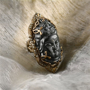 Art Deco Hand Carved Black Buddha GuanYin Marcasite Ring