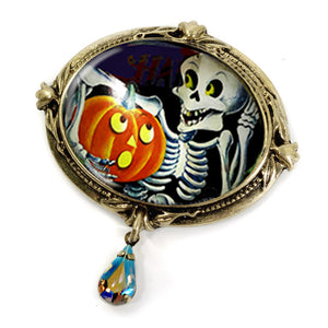 Skeleton and Pumpkin Retro Halloween Pin