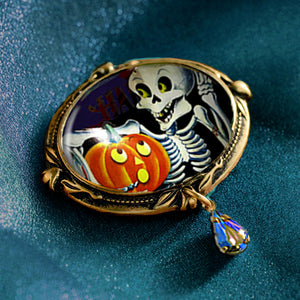 Skeleton and Pumpkin Retro Halloween Pin