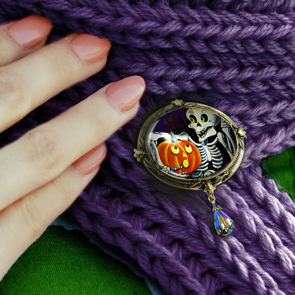 Skeleton and Pumpkin Retro Halloween Pin