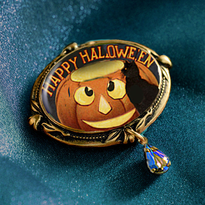 Jack-o-Lantern and Black Cat Retro Halloween Pin