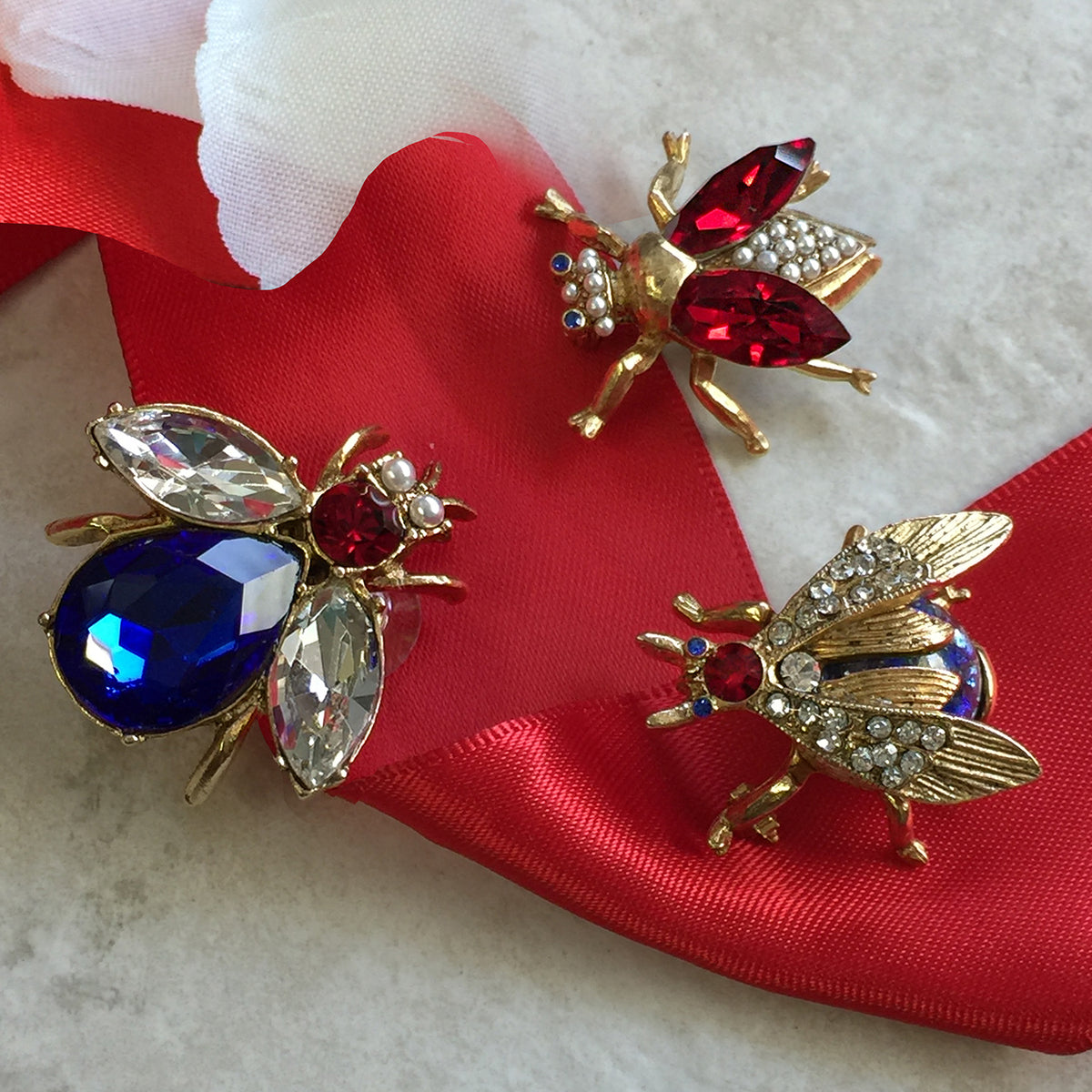 Red White Blue Crystal Bee Pin Set of 3