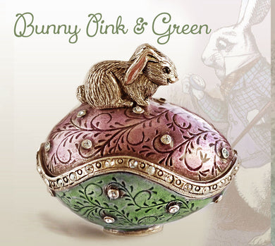 Pink and green enamel Easter egg box with bunny perched on top. Made by Sweet Romance, Los Angeles. 800-935-1935